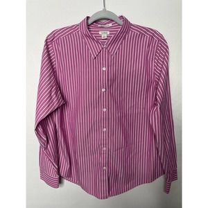 L.L Bean Pink and White Stripped Long Sleeve Womens Button Down Shirt Size L Pet